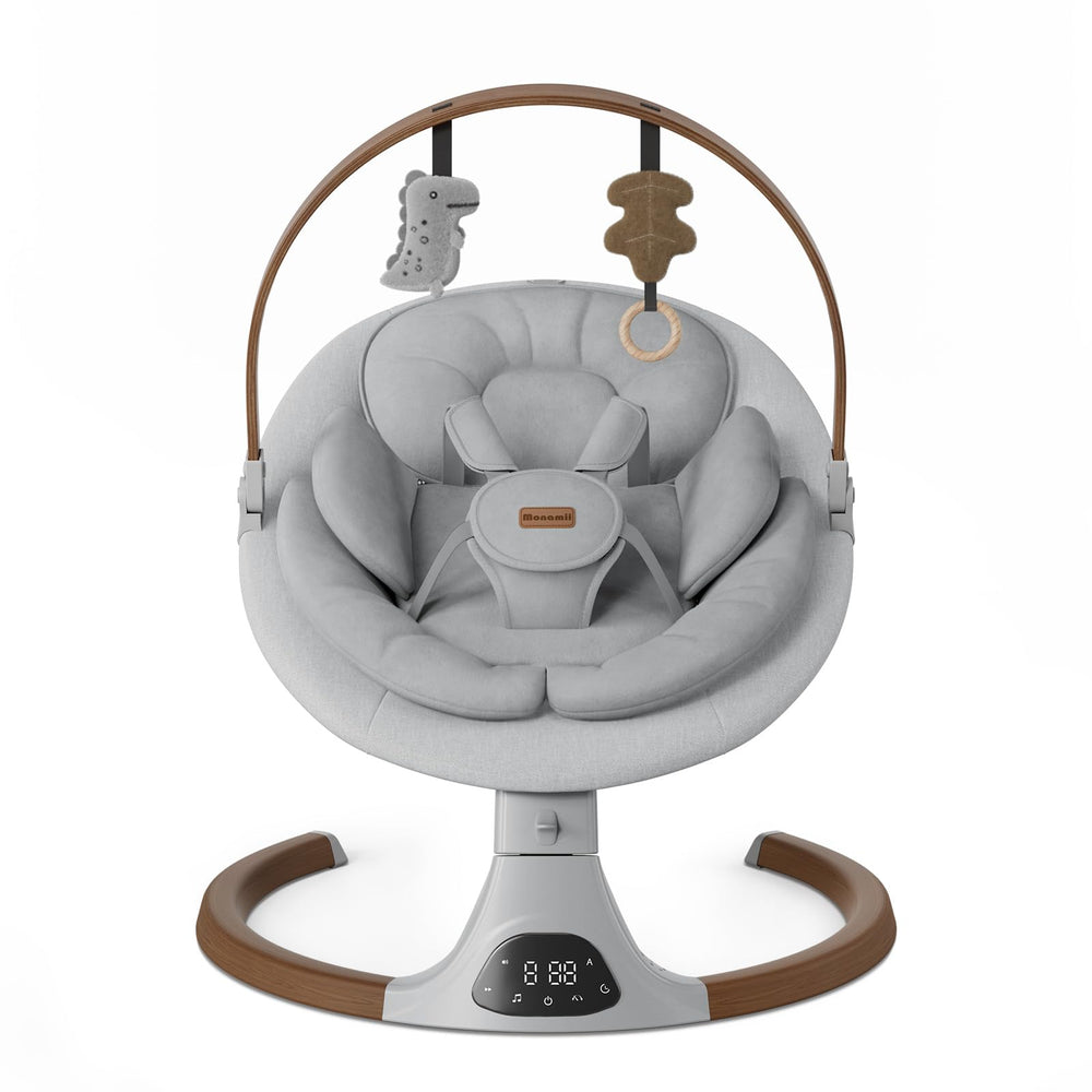 Monamii baby swing wood grain design enhances modern nurseries and provides soothing motion.