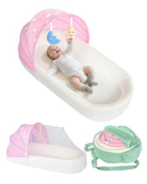 MonGianda portable newborn nest lounger with canopy creates a cozy indoor sleep space.