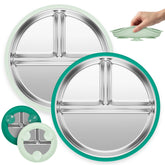 Monk and Bug stainless steel toddler plates with suction base prevent spills.