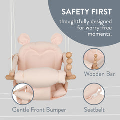 Monkey & Mouse baby swing pale pink cotton canvas highlights durable fabric for indoor and outdoor use.