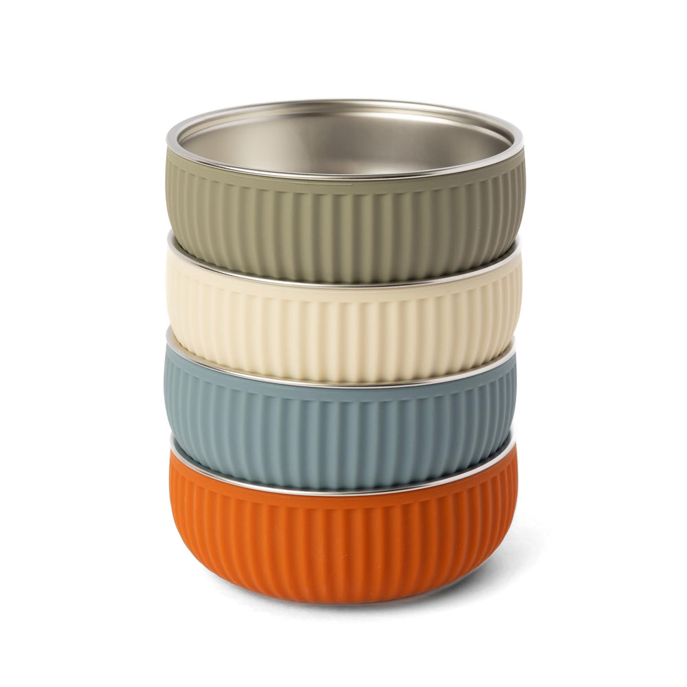 Monkey Proof Bowl 5 new version Arizona Ridged shown on table, demonstrating spill-resistant stability for kids.