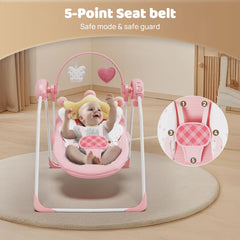 Monniebaby pink swing offers calming music to help relax baby.