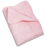 MONOBLANKS baby quilt with scalloped pink edge adds gentle nursery decor and comfort.