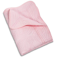 MONOBLANKS baby quilt with scalloped pink edge adds gentle nursery decor and comfort.
