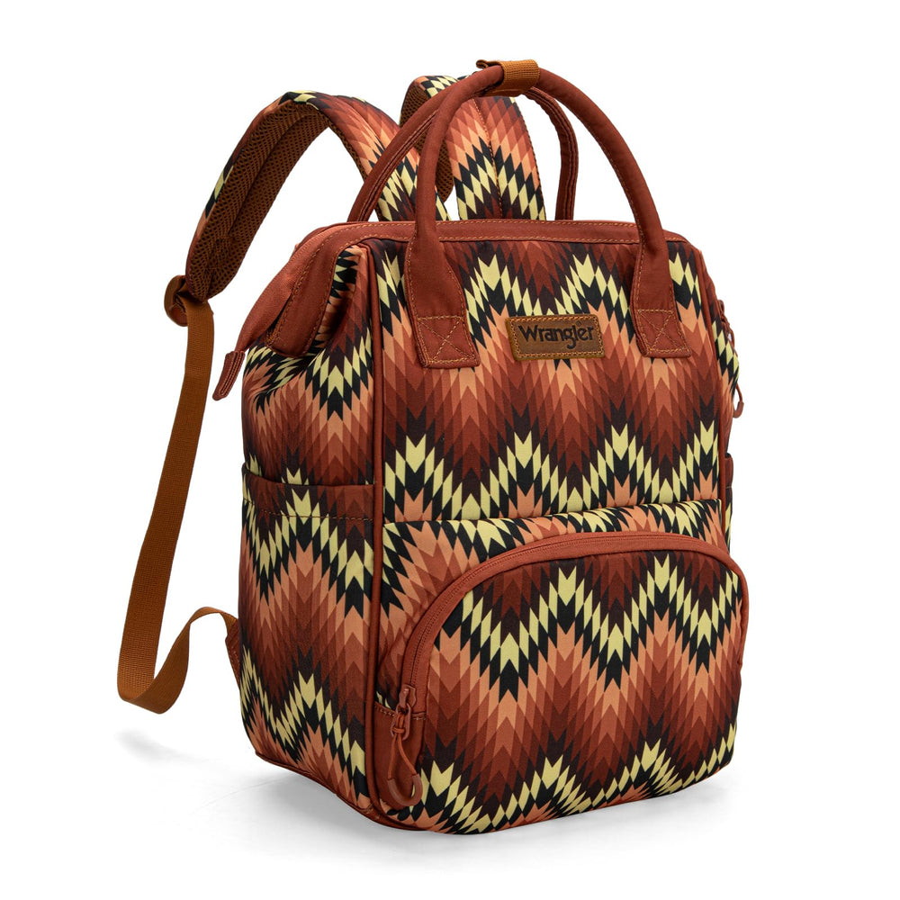 Montana West Wrangler Aztec diaper bag backpack front view highlights stylish, functional travel-ready design.