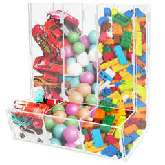 Montex acrylic wall toy dispenser front view showing triple compartments for organized playroom storage.