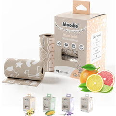 Moodie citrus scented diaper bags pack shown for travel-friendly odor containment
