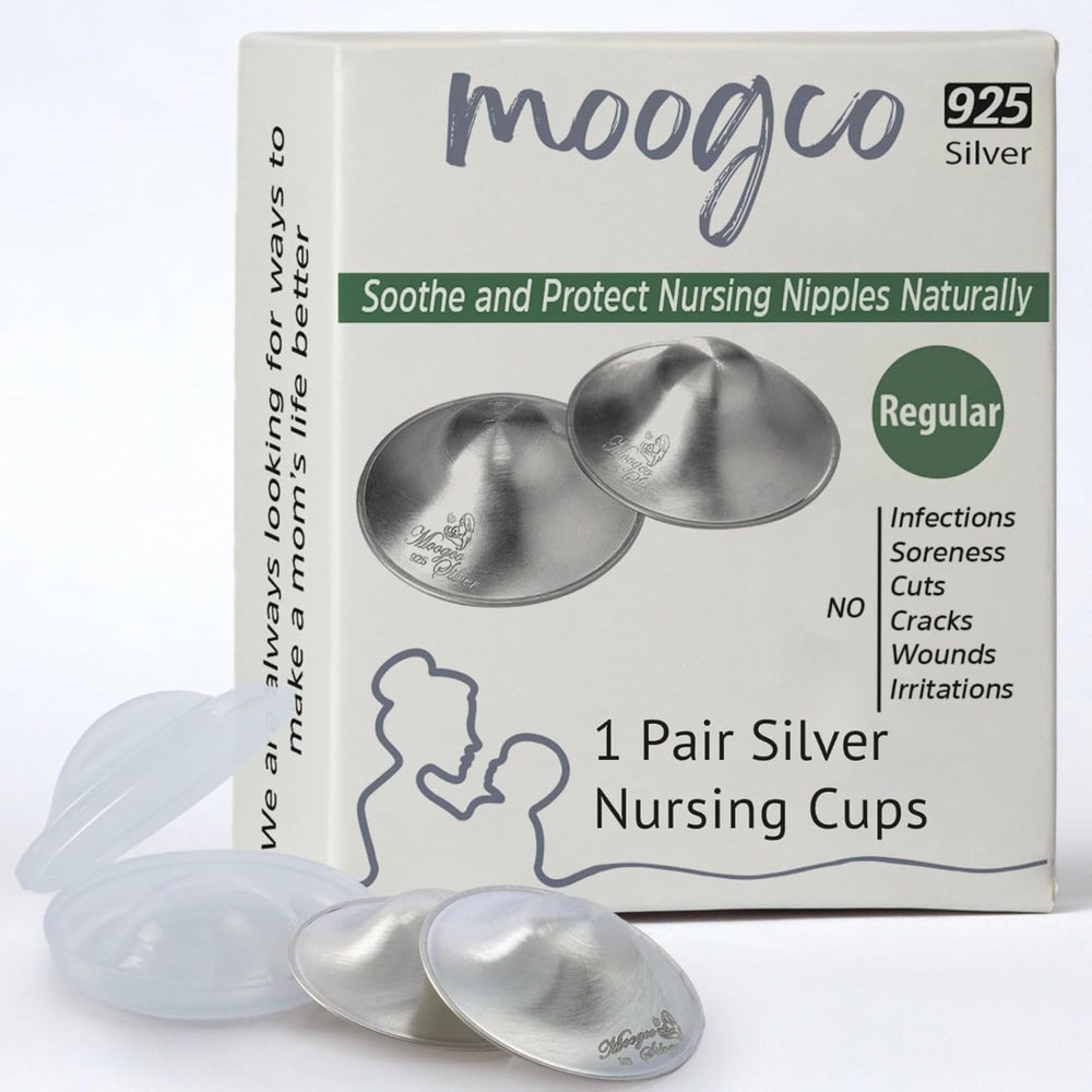 MoogCo original silver nursing cups close-up highlighting under-bra protection during feeds.