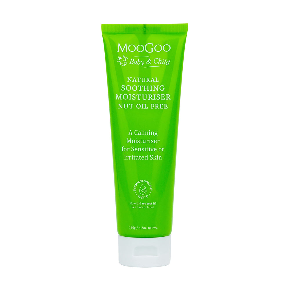 MooGoo Baby Soothing Moisturizer bottle closeup highlighting nut-free formula for sensitive skin.