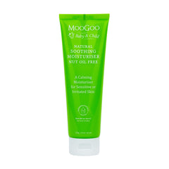 MooGoo Baby Soothing Moisturizer bottle closeup highlighting nut-free formula for sensitive skin.