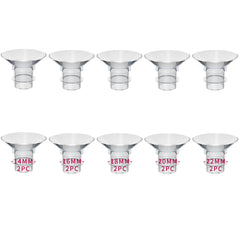 MOOMentaneous flange sizing kit all sizes close-up showing multiple 14–22mm flanges for comfortable pumping