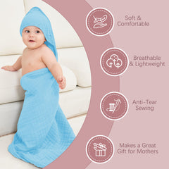 Moon Park hooded towel on baby, ideal for post-bath swaddling.