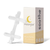 Moonjax teether with ergonomic grip aids safe holding and gum soothing.