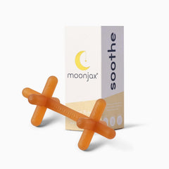 Moonjax teether safe-odorless close-up shows safe materials for soothing gums.