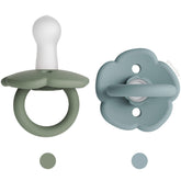 Moonkie pacifiers Daisy two-pack set highlights stylish design for baby soothing on the go.