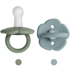 Moonkie pacifiers Daisy two-pack set highlights stylish design for baby soothing on the go.