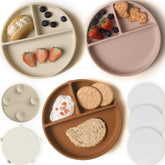 Moonkie suction-plate on table shows four-point suction for mess-free feeding.