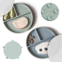 Moonkie suction plates 2-pack shown on table for mess-free self-feeding