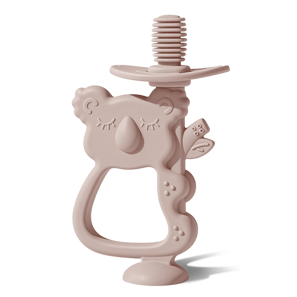Moonkie Koala Blush teether front view shows easy-grip design for tiny hands during teething.