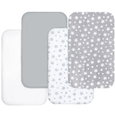 Moonsea bassinet sheets gray pack-4 showing a snug fit for rectangular bassinets.