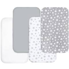 Moonsea bassinet sheets gray pack-4 showing a snug fit for rectangular bassinets.