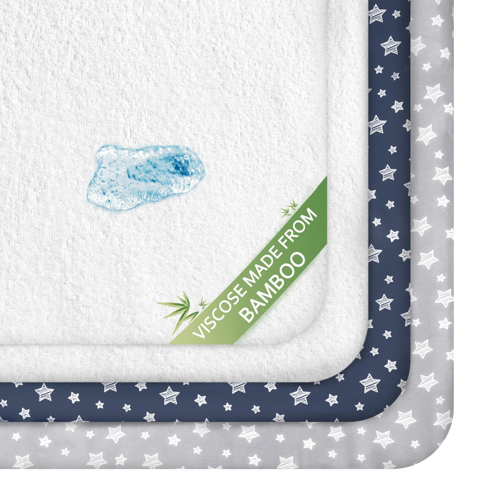 Moonsea crib sheets gray-navy 4-pack offering soft, breathable fitted comfort for baby naps.
