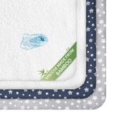 Moonsea crib sheets gray-navy 4-pack offering soft, breathable fitted comfort for baby naps.