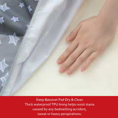 Moonsea Halo bassinet sheet waterproof-back protects mattress from spills while staying quiet.