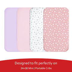 Moonsea mini crib sheets elastic edge detail demonstrates safe wrapping around mattress for a secure fit.