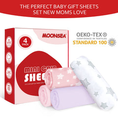 Moonsea mini crib sheets microfiber fabric closeup emphasizes breathable comfort for baby nights.