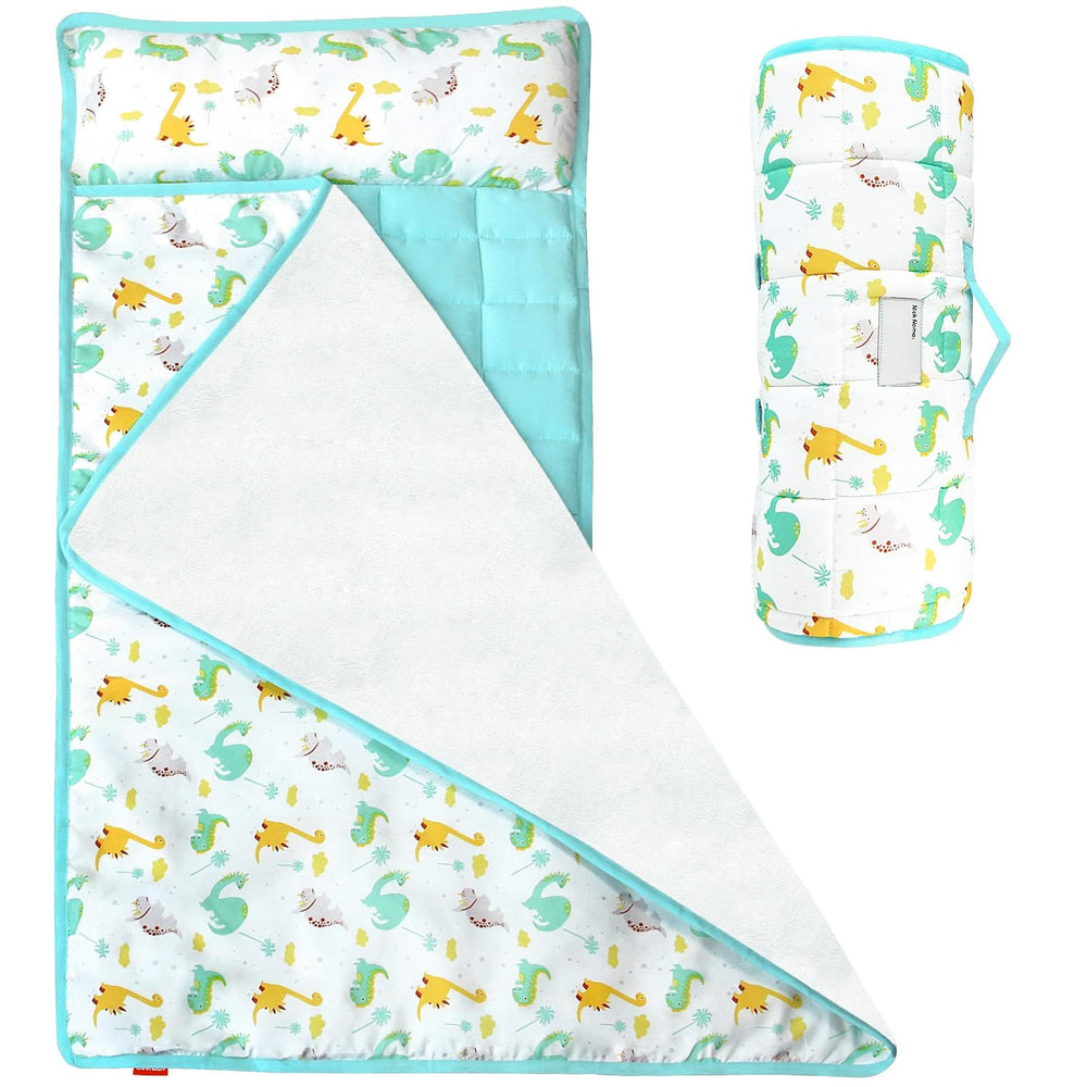 Moonsea nap mat with dinosaur-pattern highlights soft fleece for cozy preschool naps.