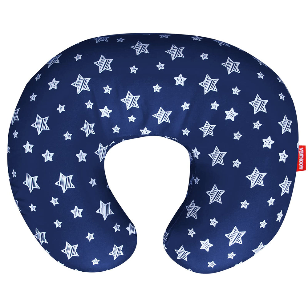 Moonsea nursing pillow cover in navy star fabric offers ultra-soft comfort for baby's delicate skin.