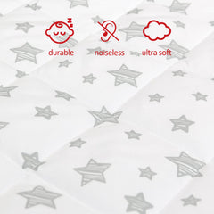 Moonsea quilted fabric closeup highlights cushioning and quiet, crinkle-free experience.