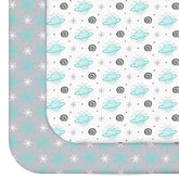 Moonsea Pack and Play Sheets planet pattern closeup highlights soft, kid-friendly print