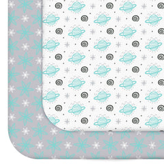 Moonsea Pack and Play Sheets planet pattern closeup highlights soft, kid-friendly print