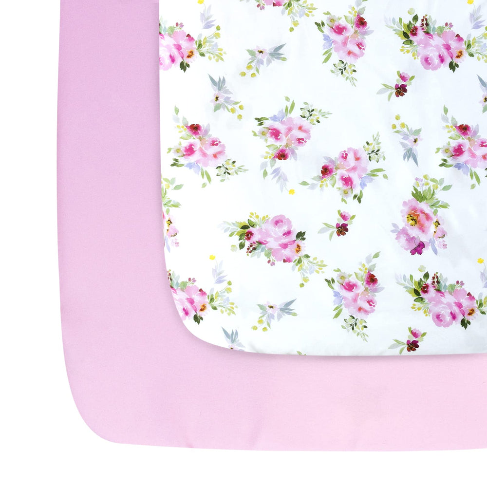 Moonsea Pack n Play Sheets Girl floral set close-up shows soft, breathable microfiber for comfy naps