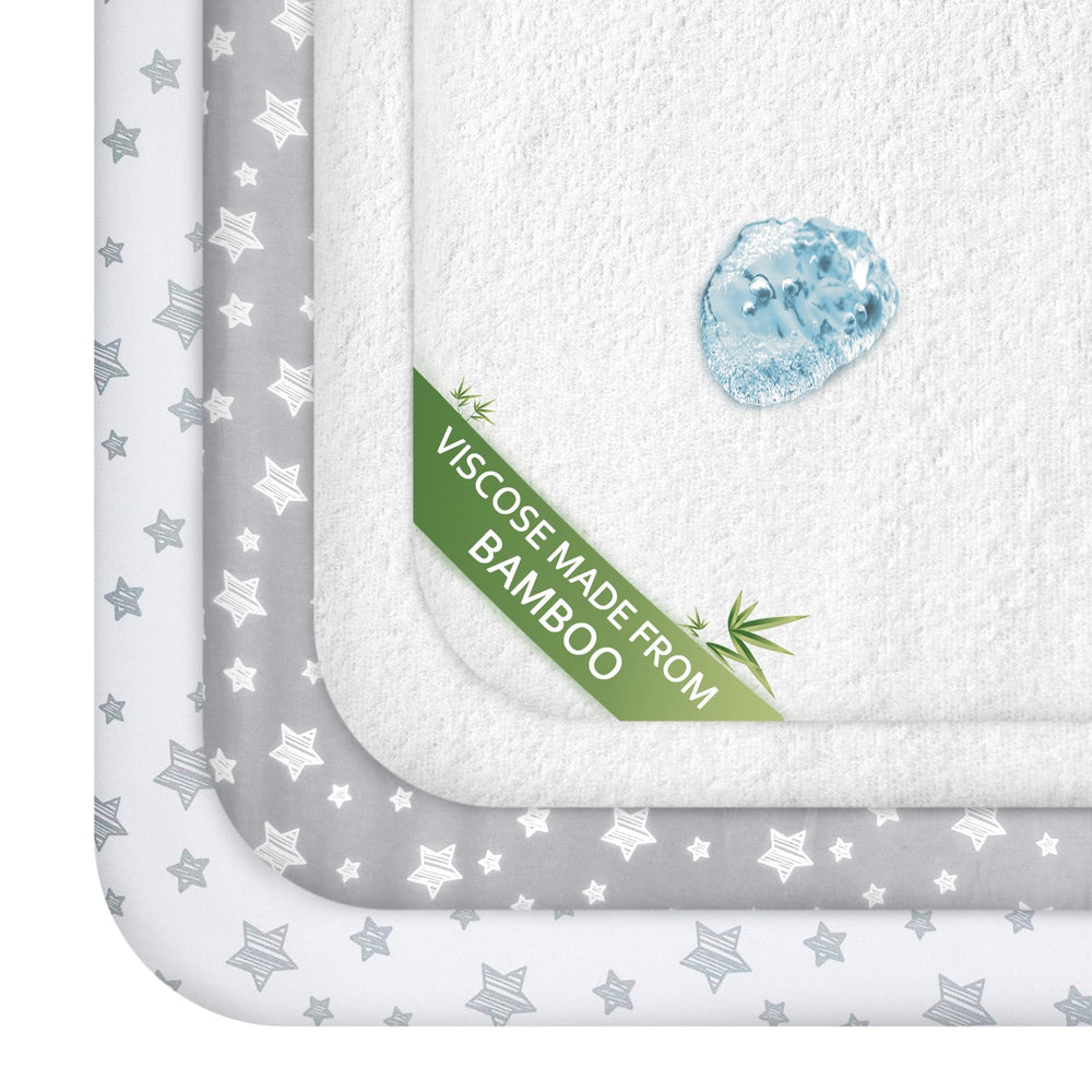 Moonsea pack-n-play-sheets top view in grey and white for nursery styling.