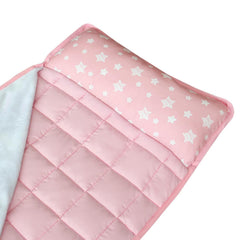 Moonsea toddler nap mat pink folded for easy travel and storage.