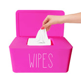 Moorfowl hot-pink wipe dispenser front view keeps wipes organized.