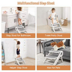 MoreFeel foldable toddler stool compact storage tucked behind door for space-saving solution.
