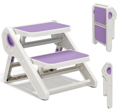 MoreFeel foldable toddler stool folded for compact storage behind a door.