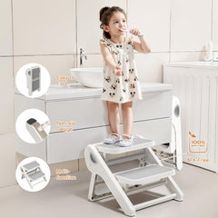 MoreFeel toddler stool for potty training by sink supports kid-friendly handwashing.