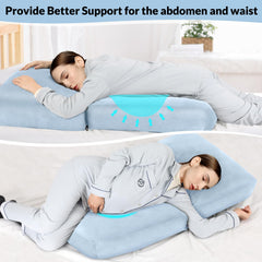 Morelexa pregnancy pillow abdomen-cutout design accommodates belly curve for gentle support.