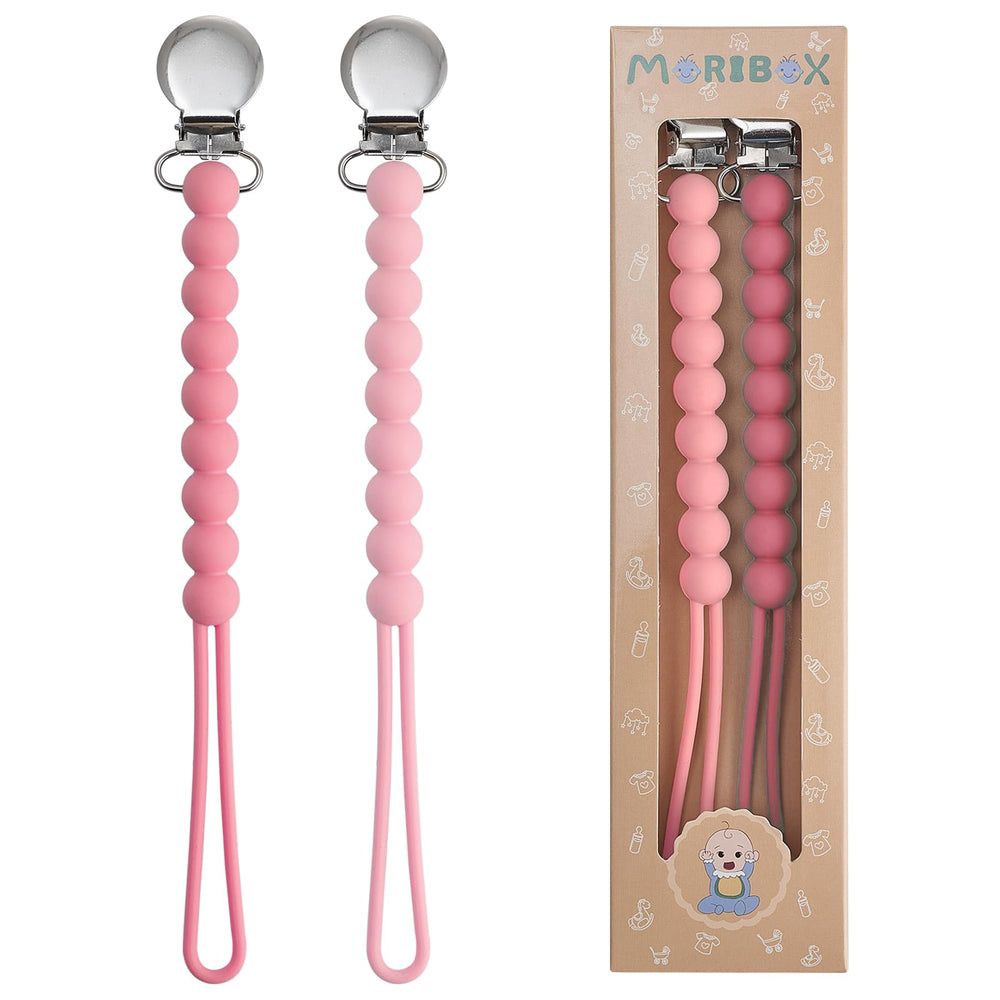 MORIBOX paci clip closeup shows a 23 cm, easy-access pacifier clip for busy babies.