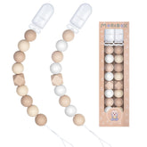 MORIBOX pacifier clips beige packaging—gift-ready presentation for baby showers.