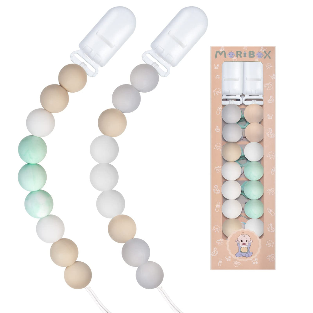 MORIBOX pacifier clips white-green pack keeps pacifiers close for baby.
