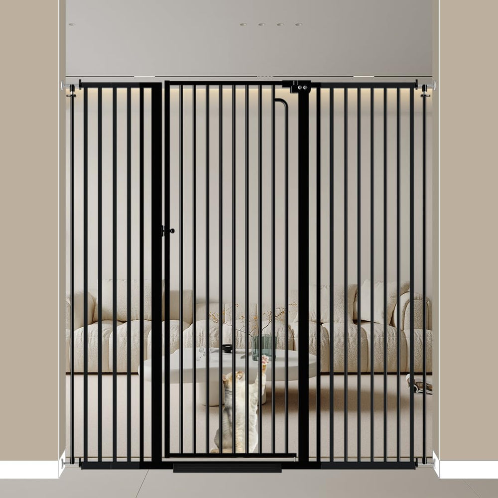 Mornyray 57tall-pet-gate-closed: tall gate keeps pets secure at stairways and doorways.