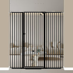 Mornyray 57tall-pet-gate-closed: tall gate keeps pets secure at stairways and doorways.