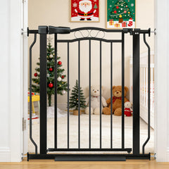 Mornyray baby gate extended to fit 29.53-33.85 inches for wide openings.