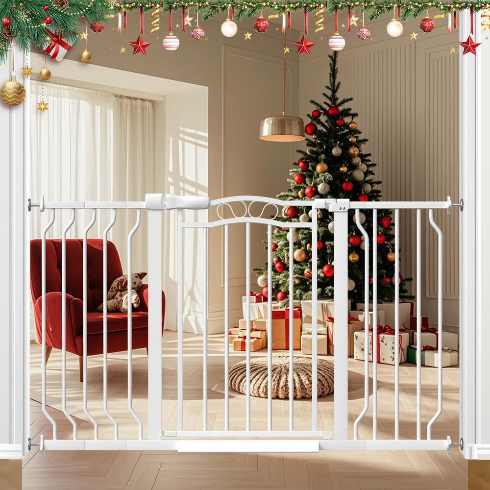 Mornyray extra-wide baby gate in doorway, safe doorway for busy households.